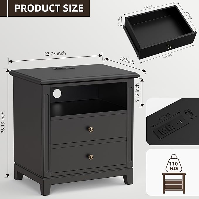 24" Wide Farmhouse Nightstand with Charging Station, Solid Wood End Table with 2 Large Drawers & Open Shelf, Bedside Table with USB Ports and Outlets, Side End Table for Bedroom