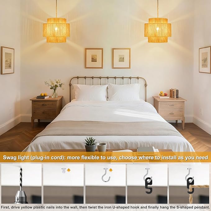 Boho Plug in Pendant Light Dimmable Switch, Wicker Hangings Lights with Plug in Cord 14.7ft Hemp Rope, Rattan Lampshade Hanging Pendant Light, Jute Hanging Lamp for Kitchen Dining Room Bedroom