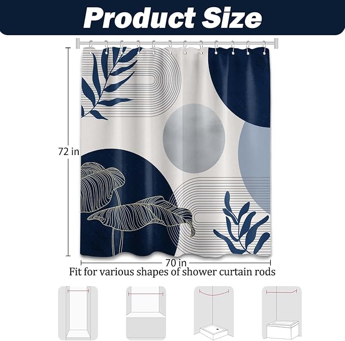 Navy Blue and White Shower Curtain Mid Century Modern Dark Blue Boho Shower Curtains for Bathroom Decor MCM Mens Cool Bath Curtain Set, Waterproof Fabric with Hooks 70 x 72 Inch
