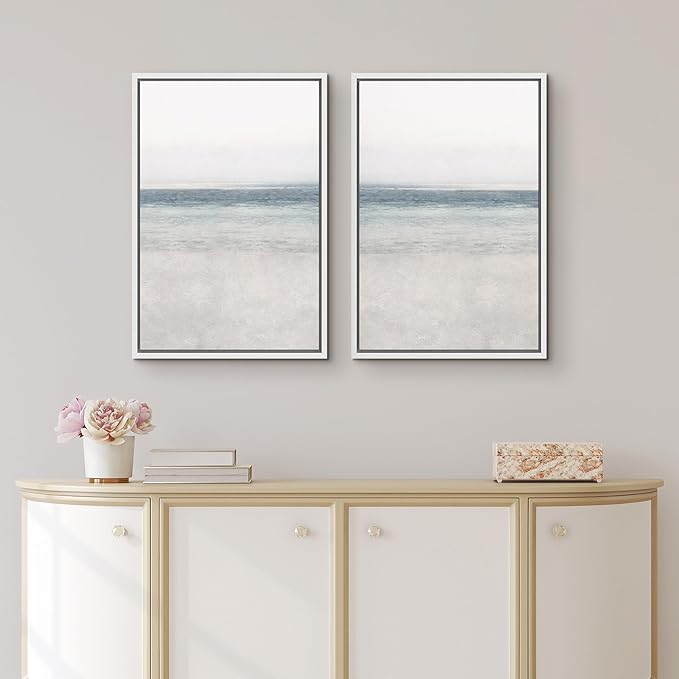 IDEA4WALL Framed Canvas Print Wall Art Set Abstract Beach Shore Ocean Wave Horizon Nature Wilderness Illustrations Modern Art Decorative Coastal Cottage Seascape Minimal for Bedroom - 16"x24"x2 White