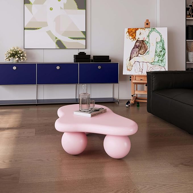 40" Modern Small Coffee Table Cloud Shape Low Center Table Cute Irregular Indoor Tea Table with 3 Ball Legs for Living Room Small Space