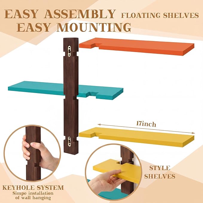 Pinkunn 2 Pack Wood 3 Tier Floating Shelf Large Minimalist Wall Shelves Mid Century Modern Furniture Wall Mount Shelf Art Decor Rustic Shelving for Bedroom Living Room Office Home (Mid Century Color)