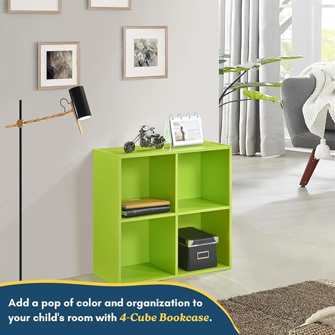 Kings Brand Furniture George 4-Cube Storage Organizer, 2-Tier Bookcase with Wood Shelves for Living Room, Bedroom, Nursery, or Home Office (Green, 2-Pack)