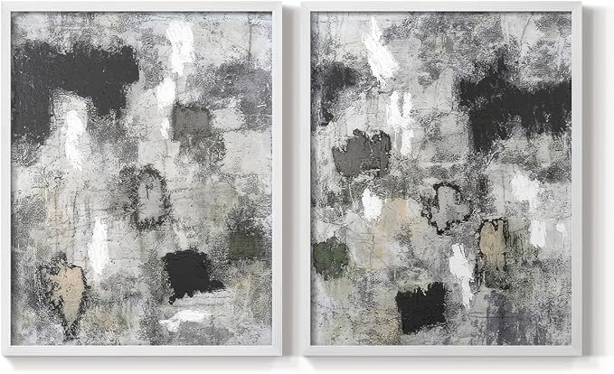 Renditions Gallery Set of 2 Peel & Stick Framed Prints, Abstract Wall Art, Hand Painted Black and White Pattern Wall Decor, Re-Stickable - Ready to Hang - 22"x28" - White Frame LT588