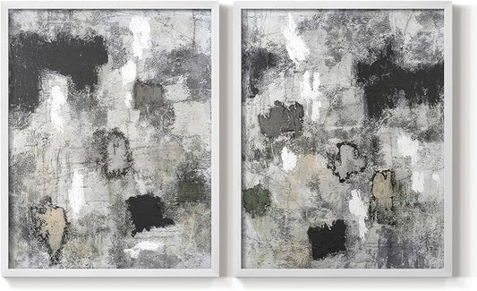 Renditions Gallery Set of 2 Peel & Stick Framed Prints, Abstract Wall Art, Hand Painted Black and White Pattern Wall Decor, Re-Stickable - Ready to Hang - 8"x10" - White Frame LT588