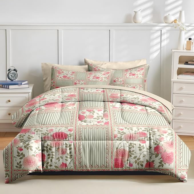 Nesker Comforter Set Queen Size, Floral Rose Leaves 7 Pcs Bedding for Kids and Adults, Shabby Chic Checkered Flower Bed Sheet Sets with Fitted Sheet 2 Pillowcases & 2 Shams