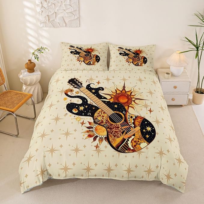 Erosebridal Boho Guitar Duvet Cover King Retro Bohemia Aesthetic Room Decor Bedding Set Trendy Celestial Sun Star Comforter Cover,Vintage Guitar Music Bed Set