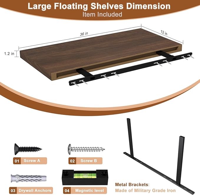 36" W x 12" D Floating Shelves Set of 1, 12 Inch Deep Floating Shelves for Wall, Large Storage Space Wall Mount Shelf with Invisible Brackets for Living Room Kitchen Bathroom, Walnut