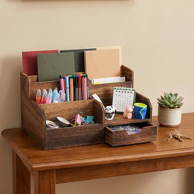 Pumtus Brown Wooden Desk Organizer, Mail Organizer with 7 Compartments and Drawer, Rustic Mail Sorter with Pen Holder, Tabletop Mail Basket, Office Accessories Holder for File Letter Document