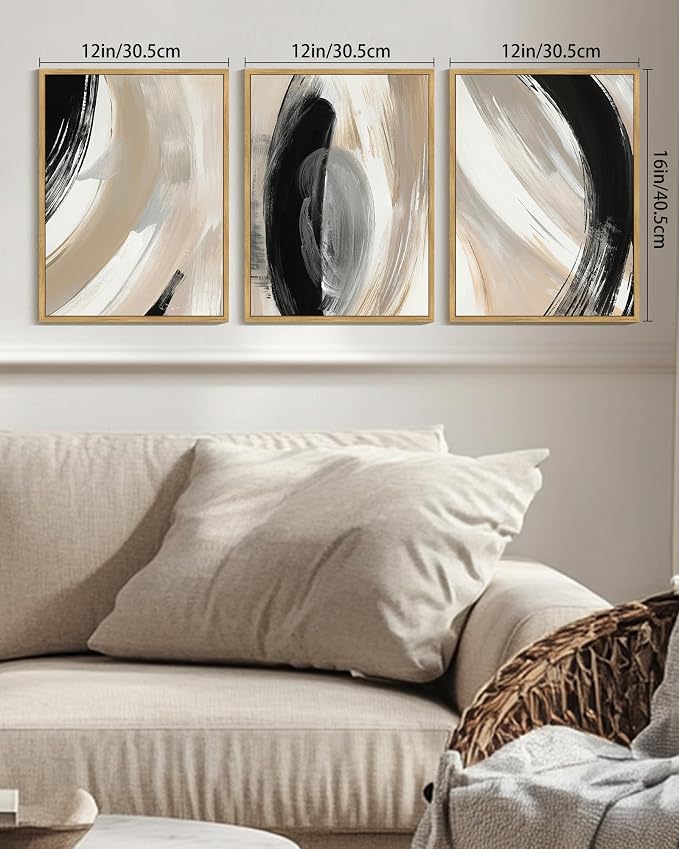 KUVIOKE Black Abstract Framed Wall Art Neutral Minimalist Graffiti Pastel Wall Decor Modern Illustration Art Painting for Bedroom Dining Room 12x16in (Natural Framed)