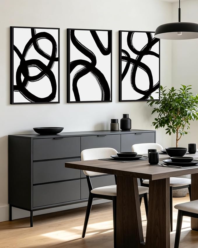 KUVIOKE Black and Gray Abstract Framed Wall Art Ink Wash Minimalist Lines Painting Artwork for Bedroom Hallway 24x36in (Black Framed)
