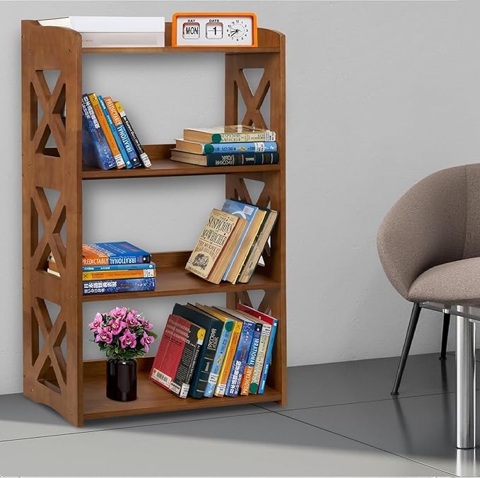 4 Tier Bookshelf, Wood Bookshelf with Open Shelves, Narrow Bookshelf Freestanding Storage Organizer, 4 Shelf Bookcase Small Bookshelf Display Brown Bookcase for Living Room Bedroom Office