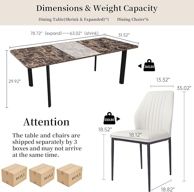 Extendable Dining Table Set for 6-8 People, 63 to 78.7 Inch MDF Kitchen Table with 6 Upholstered Chairs, Space-Saving for Dining Room, Breakfast Nook (Brown Table & 6 White Chairs)