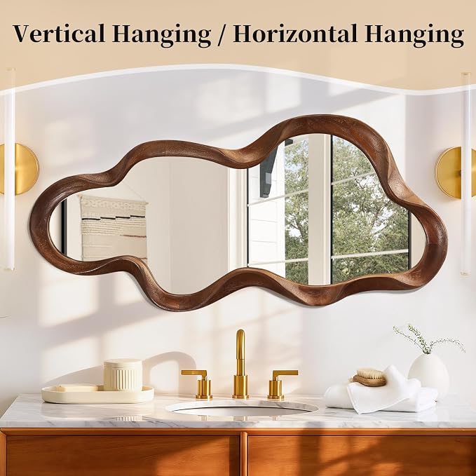 Large Asymmetrical Mirror Irregular Wood Frame Modern Unique Wall Mounted Artistic Wavy Mirrors Decor Bathroom Vanity Bedroom Living Room Entryway Hallway 47"x22"