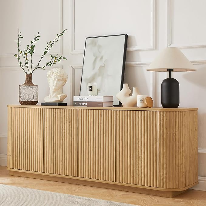 LKTART 64" Sideboard Buffet Cabinet with Storage, Wooden Fluted Storage Cabinet Sideboard Credenza with Adjustable Shelves Pressed Spring for Kitchen Living Room (Natural Oak)