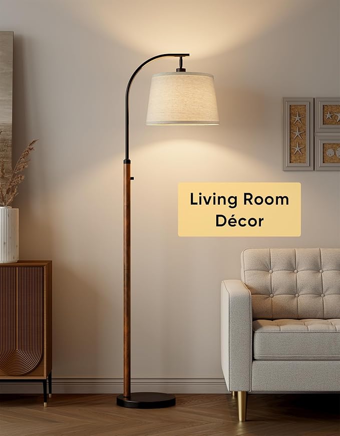 Dimmable Floor Lamp for Living Room, 65" Tall Metal Standing Lamp with LED Bulb, Mid Century Modern Arc Floor Lamp with Linen Shade for Bedroom, Reading Room, Office & Nursery, Black and Rustic Brown