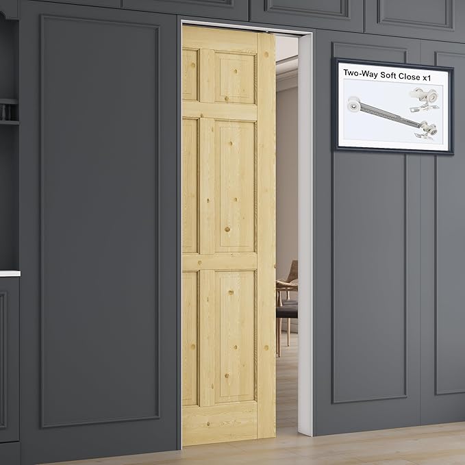 28" x 80" 6 Panel All-Inclusive Soft Close & Solid Core Sliding Pocket Door, Pine Wood Door with Frame & Hardware Kit, Pocket Interior Doors for Home, Unfinished