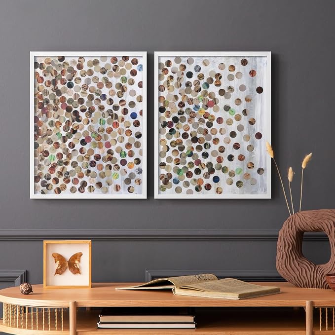 Renditions Gallery Set of 2 Peel & Stick Framed Prints, Textured Abstract Wall Art, Scattered Circular Cutouts Wall Decor, Re-Stickable - Ready to Hang - 16"x20" - White Frame LT588
