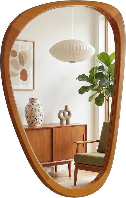 Solid Wood 36"x24" Modern Organic Asymmetrical Mirror, Warm Walnut Irregular Wooden Wall-Mounted Mirror, Sculptural Spa-Like Bathroom Vanity Mirror, Honey Walnut