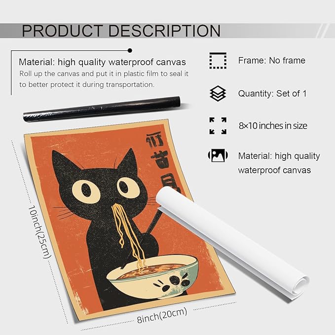 EOLRCIG Funny Black Cat Eat Ramen Noodles Poster Vintage Japanese Kitchen Food Wall Art Whimsical Cute Animal Canvas Prints for Restaurant Wall Decor 08x10 inch Unframed