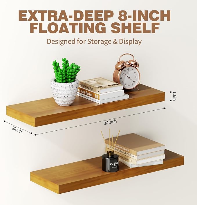 Solid Wood Floating Shelves 24'' Long, 8'' Deep Wall Mounted Shelves with Heavy Duty Brackets, Max Load 150 lbs, Wall Shelves for Bathroom Kitchen Living Room, 24 x 8 x 1.6 in, Walnut, Set of 2