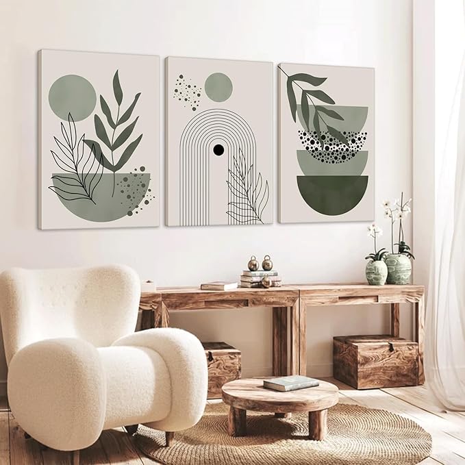 3Pcs Framed Boho Wall Art Sage Green Wall Decor Posters & Prints Minimalist Geometric Line Leaf Sun Moon Beige Canvas Artwork Paintings Room Bedroom Bathroom Office 16x24inch Ready to hang