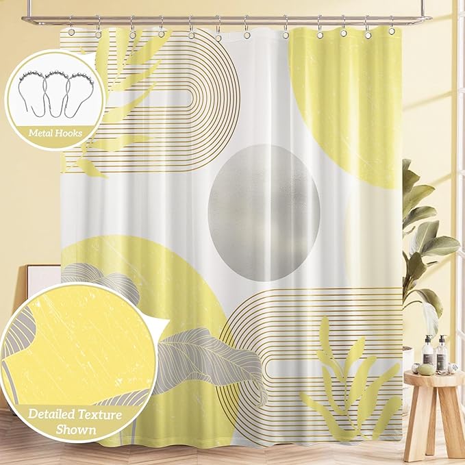 Mustard Yellow and Grey Shower Curtain Light Yellow and Gray White Shower Curtains for Bathroom Decor Abstract MCM Bath Curtain Set, Waterproof Fabric with Hooks 70 x 72 Inch