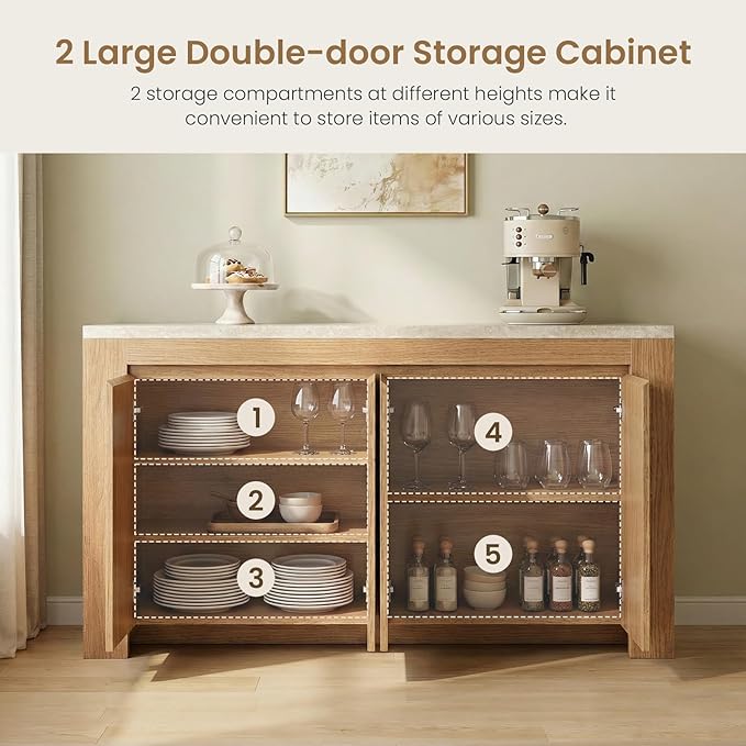 Buffet Cabinet with Storage, 63" Sideboard Buffet Accent Cabinet with Faux Marble Top & 4 Doors, Modern Buffet Table Credenza Cabinets for Living Room, Dining Room, Kitchen（Natural Oak）