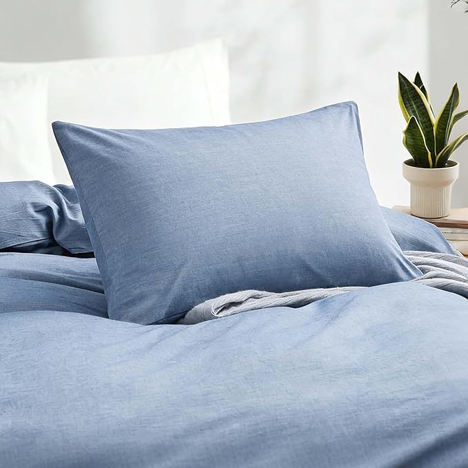 LOVQUE Light Blue Cotton Duvet Cover Twin Size, Linen Like Natural Bedding Set with Zipper Closure (No Comforter), 68x90 Inches