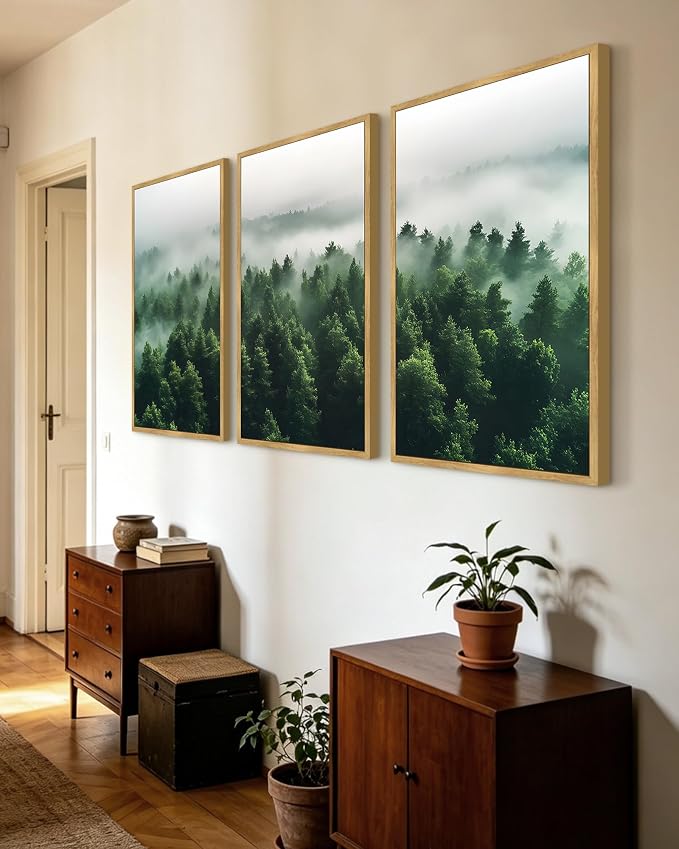 KUVIOKE Green Fog Pine Tree Framed Wall Art Nature Nordic Misty Forests Artwork Morden Painting Bedroom Decor 24x36in (Natural Framed)