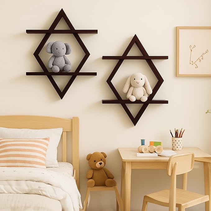 Floating Shelves for Wall,Decorative Wall Shelf,2 Tier Hanging Shelf for Plants Storage Display Holder,Indoor Decor for Living Room Home Office Bathroom Bedroom,Solid Wood,Diamond Shaped,2 Pack,Walnut