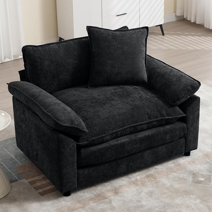 Modern Oversized Chair, Comfy Chenille Accent Chair Large Upholstered Armchair with Extra Thick and Deep Seat Lounge Chair for Living Room,Bedroom,Apartment (Black)