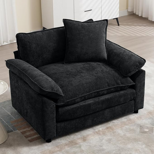 Modern Oversized Chair, Comfy Chenille Accent Chair Large Upholstered Armchair with Extra Thick and Deep Seat Lounge Chair for Living Room,Bedroom,Apartment (Black)