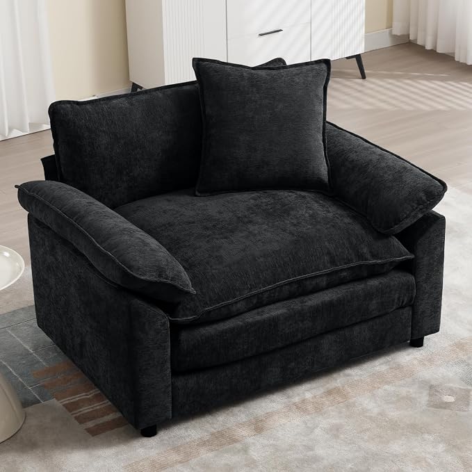 Modern Oversized Chair Set of 2, Comfy Chenille Accent Chair Large Upholstered Armchair with Extra Thick and Deep Seat Lounge Chair for Living Room,Bedroom,Apartment (Black)