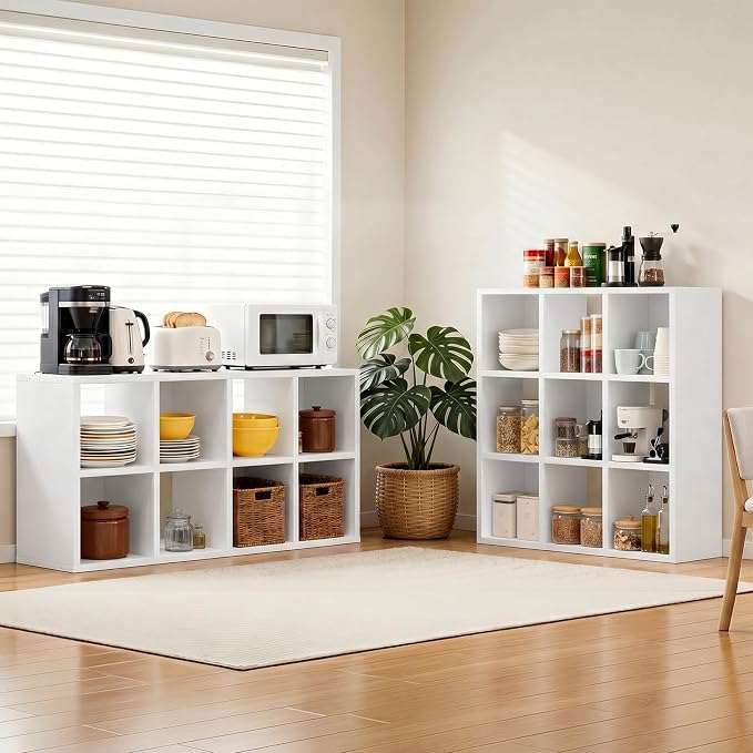 LUCKLIFE 9-Cube Storage Organizer, Stackable Modular Bookcase Shelf with Vertical or Horizontal Use, Fits 11×11" Bins, Optional Back Panels, for Living Room, Office, White