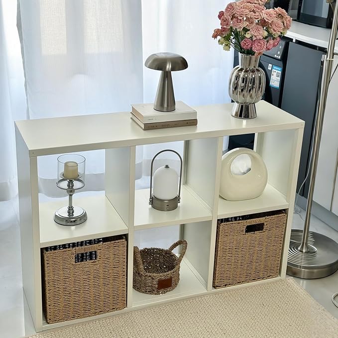 IRONMIX White Cube Storage Organizer with 4 Storage Basket, Metal Short Bookshelf with Storage, 2 Tier Horizontal Bookshelf, Small Cube Bookcase for Home Office Library (White, 700+1037 with Basket)