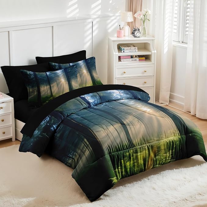 Nesker Comforter Set Twin Size, Sunlit Forest Nature 5 Pcs Bedding for Kids and Adults, Misty Tree Forest Bed Sheet Sets with Fitted Sheet Pillowcase & Sham
