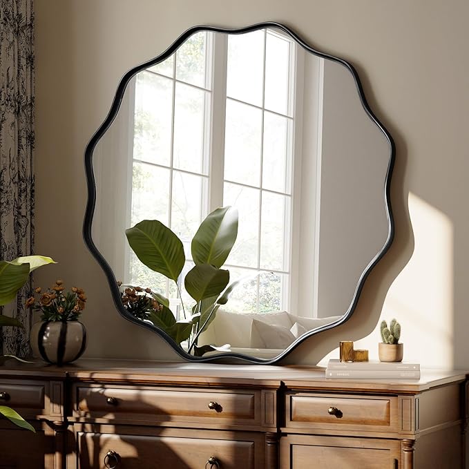 Round Wavy Mirror - 24 Inch Bathroom Vanity Mirror Metal Frame Circle Wall Mounted Mirror for Bedroom Living Room Entryway, Black