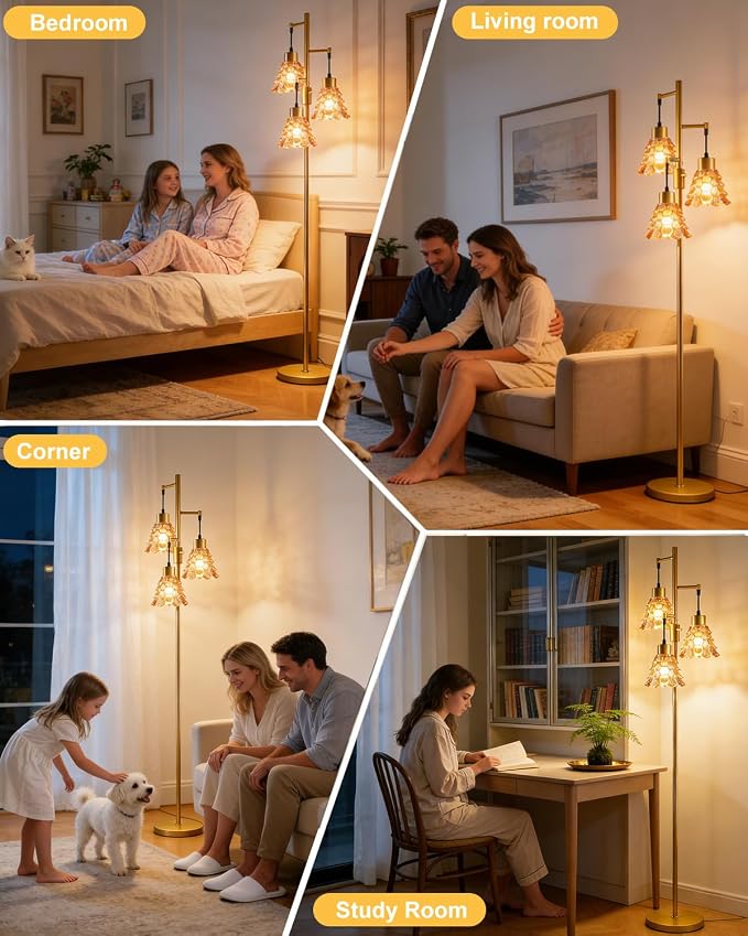 3-Light Modern Glass Floor Lamp, Gold Standing Tall Lamp with Amber Pinecone Glass Shade for Reading, Dimmable LED Floor Lamp with 5Lbs Heavy Base for Living Room Bedroom Home Decor, Bulb Included