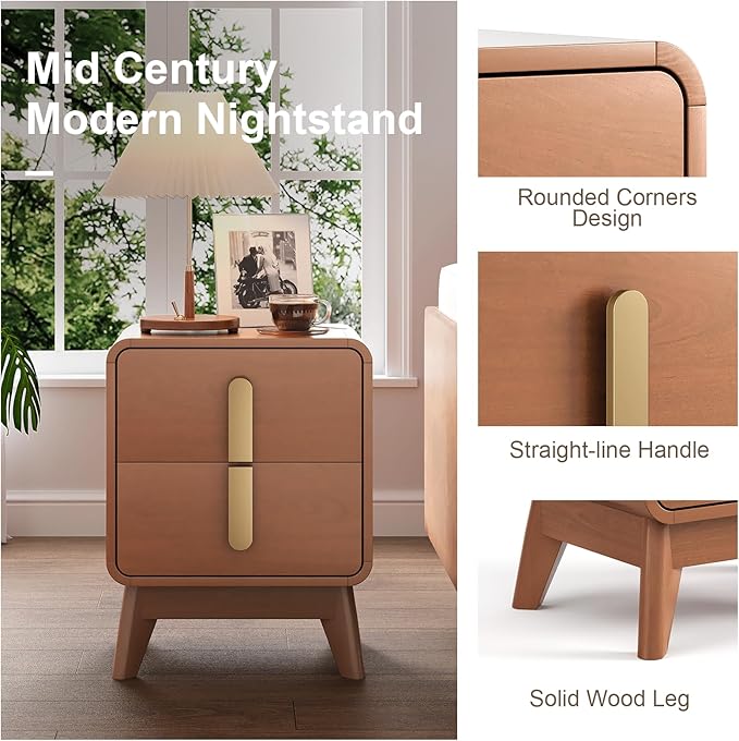 Night Stand Set 2, Mid Century Modern Bedside Table with Drawers, Curved Profile Design End Table with Metal Handle, Nightstand Set of 2 with Storage, Bed Side Tables for Bedroom, Cherry