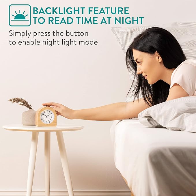 Navaris Wood Analog Alarm Clock - Half-Round Battery-Operated Non-Ticking Clock with Snooze Button and Light - Light Brown
