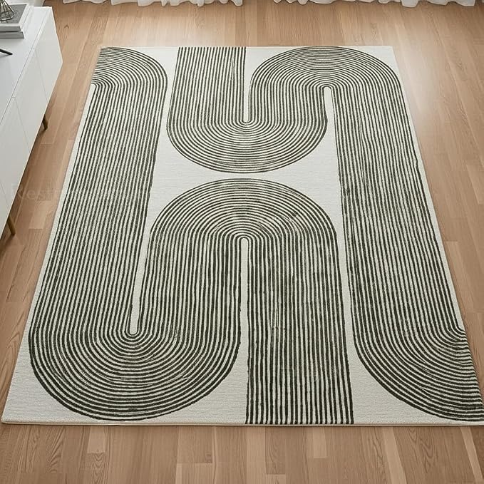 Modern Handmade Wool Area Rug, Abstract Curved Line Geometric Carpet for Living Room Bedroom, Contemporary Tufted Indoor Rug with Soft Pile and Cotton Backing (Olive, 4' x 6')