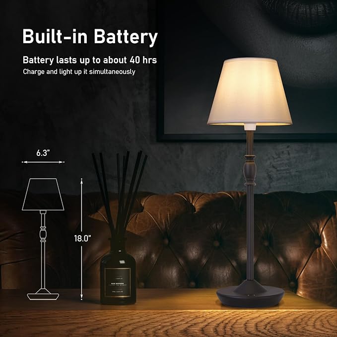 Cordless Table Lamp Portable Small LED Touch Lamp with Dimmer, 18" 2700K Rechargeable Battery Light for Bedside, Dining Room, Bedroom Lamp, Patio, Bar, Night Light, Bathroom (Sand Black)