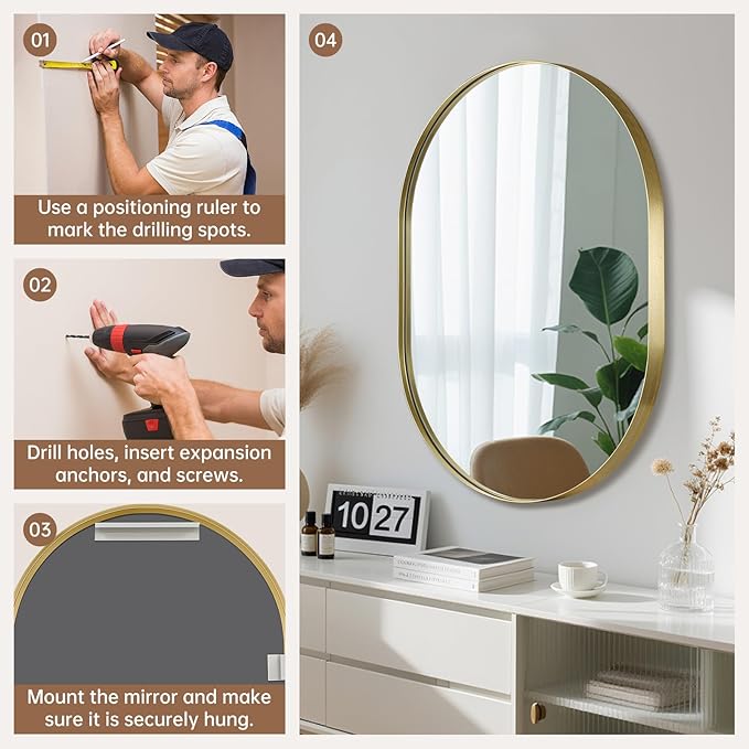Gold Oval Mirror, 17"x30" Oval Bathroom Mirror, Brushed Gold Mirror with Aluminium Alloy Frame, Anti-Rust, Tempered Glass