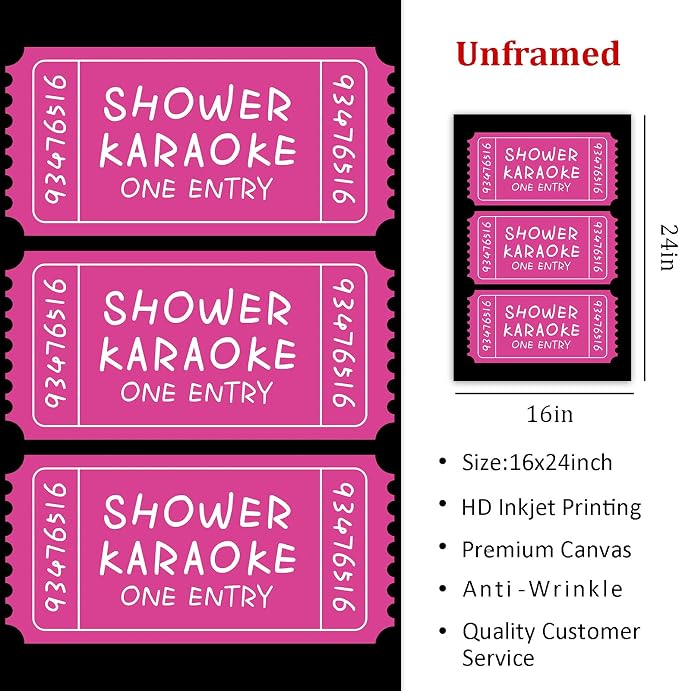 Vintage Ticket Canvas Wall Art Pink Aesthetic Paintings Funny Shower Pictures Preppy Aesthetic Posters Retro Trendy Wall Art Pink Preppy Painting Modern Trendy Girls Posters 16x24inch Frameless