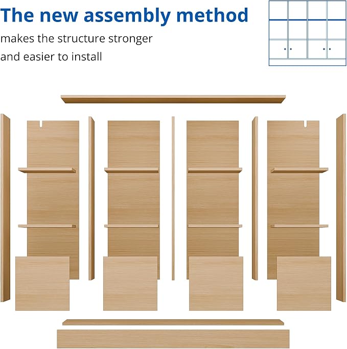 Cozy Castle Oak Wood Bookcase, 12 Cube Display Shelf with 4 Doors, 3 Tier Open Bookshelf with Adjustable Shelves for Living Room, Home Office, Entryway