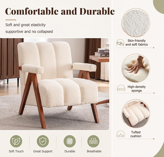 Mid Century Modern Accent Chair with Solid Oak Wood Frame, Upholstered Chenille Lounge Chair with Ergonomic Backrest and Thick Cushion for Living Room Bedroom Balcony, Beige