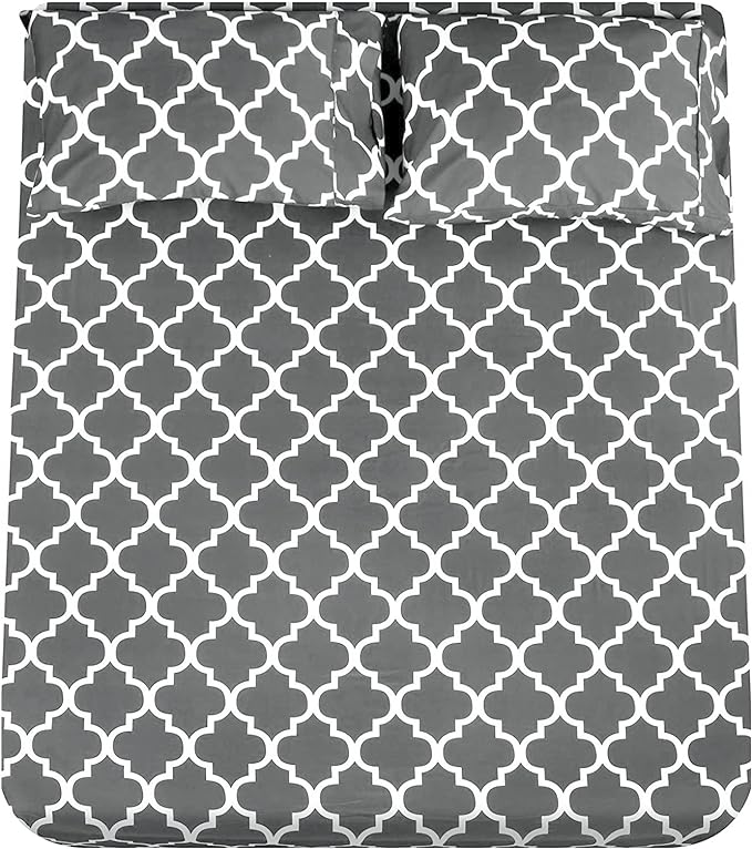 Mejoroom Queen Bed Sheet Set - Super Soft Brushed Microfiber 1800 Thread Count Queen Sheets with 16 inch Deep Pocket - Wrinkle Free - 4 Piece(Queen, Gray Quatrefoil with White Pattern)