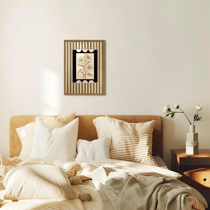 Modern Boho Flower Wall Art Abstract Plant Floral Wall Decor Painting, Vintage Botanical Striped Poster Canvas Print Picture for Living Room Bedroom 12x16 inch Wood Framed
