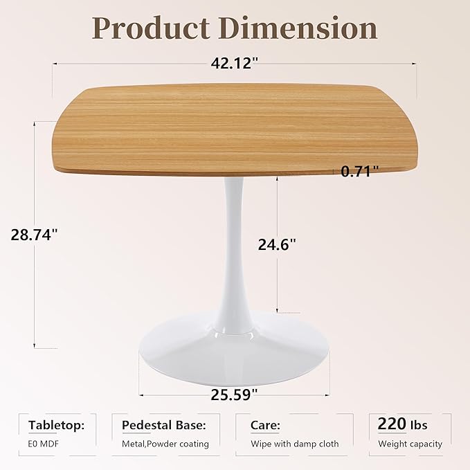 Square Dining Table,42.1" Tulip Table with Metal Pedestal,15-Minute Quick Assembly,Mid Century Modern Leisure Table for Kitchen Small Places Cafe (Faux Oak)